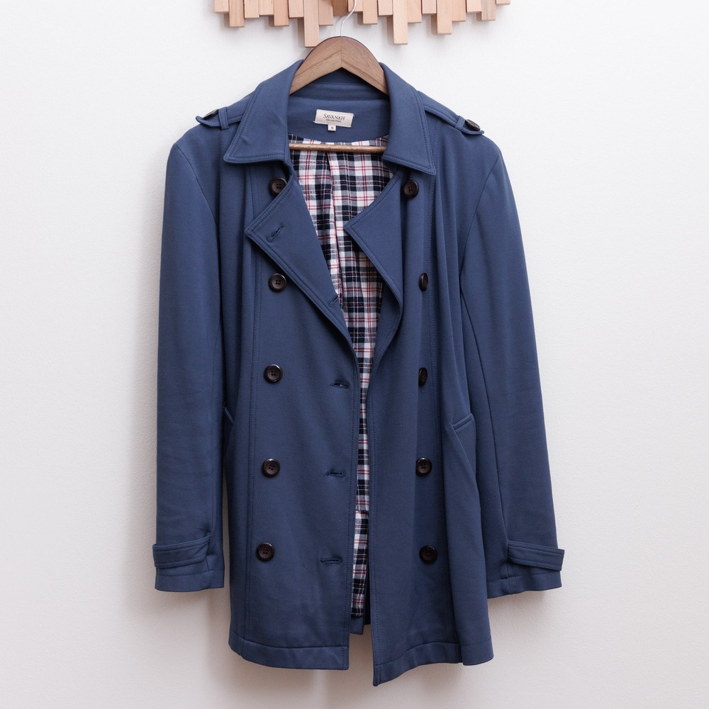 Savanah Collection Blue Double Breasted Belted Trench Coat Plaid Lining Small